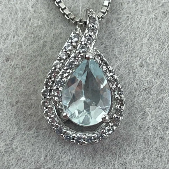 Aquamarine Teardrop Pendant Necklace White Topaz Sterling Silver 16” Chain - Picture 4 of 12